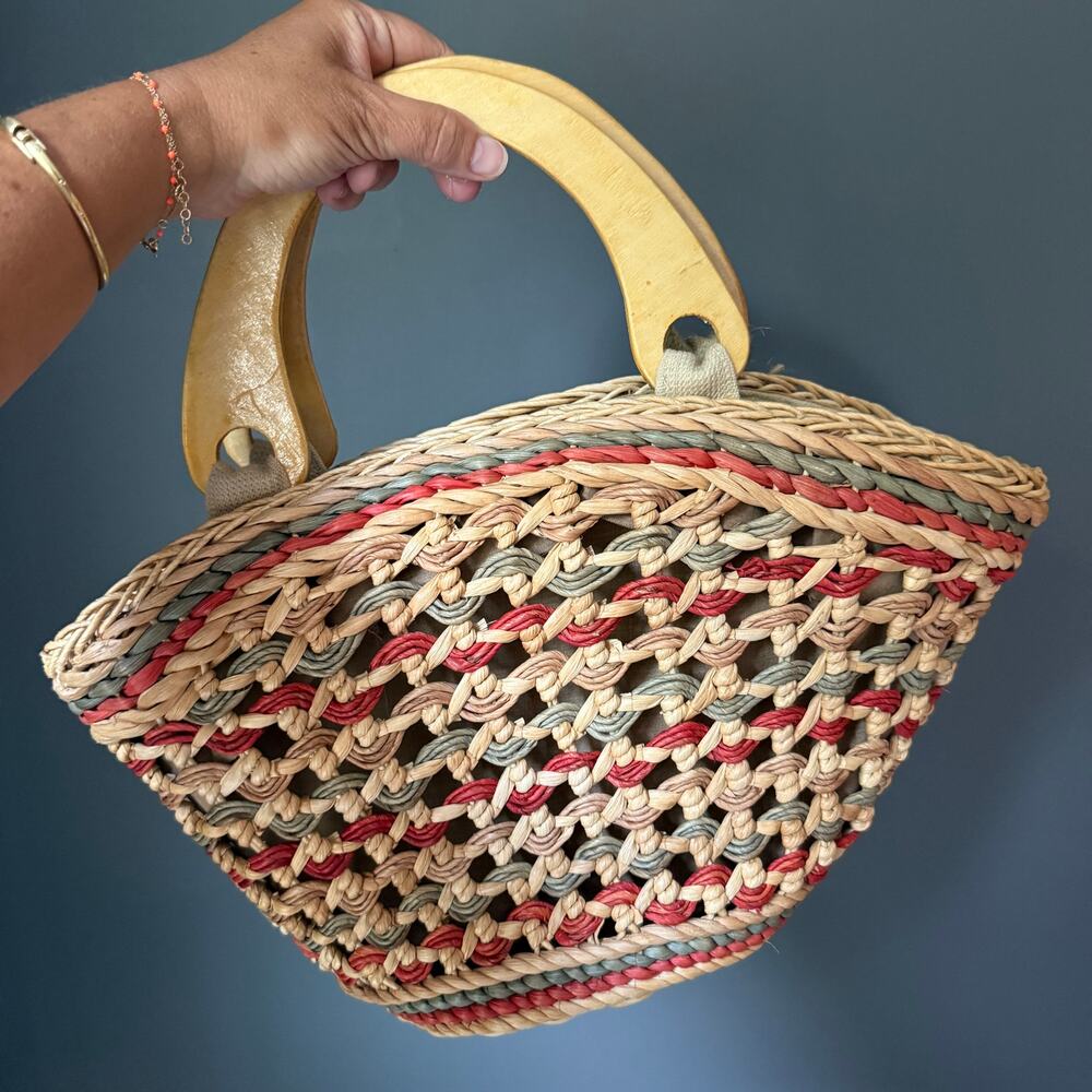 Vintage Round Straw Tote Bag Wooden Handles Boho Coastal Beach Purse Zip Top